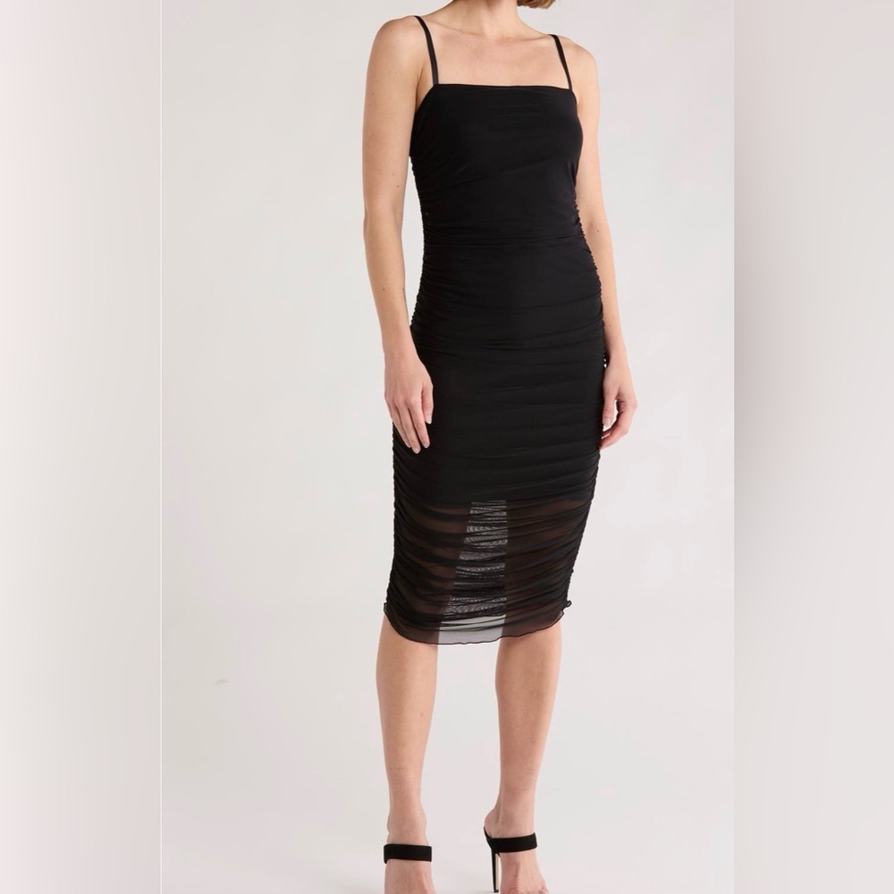 Black Ruched Sheer Midi Dress - Women
